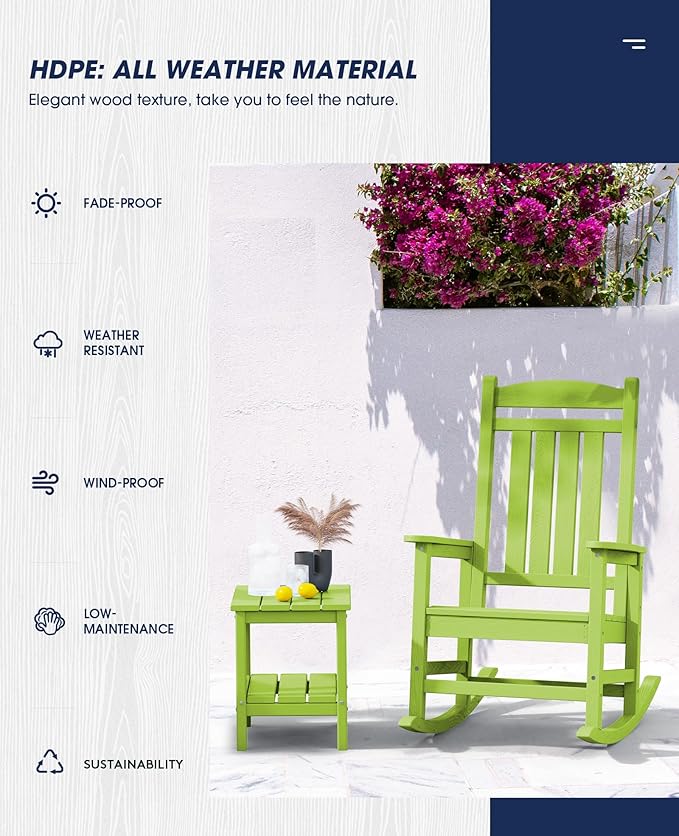 KINGYES HDPE Rocking Chairs Outdoor, Patio Rocking Chairs with 330lbs Support, Smooth Porch Rocker for Deck Lawn Yard, Pistachio Green