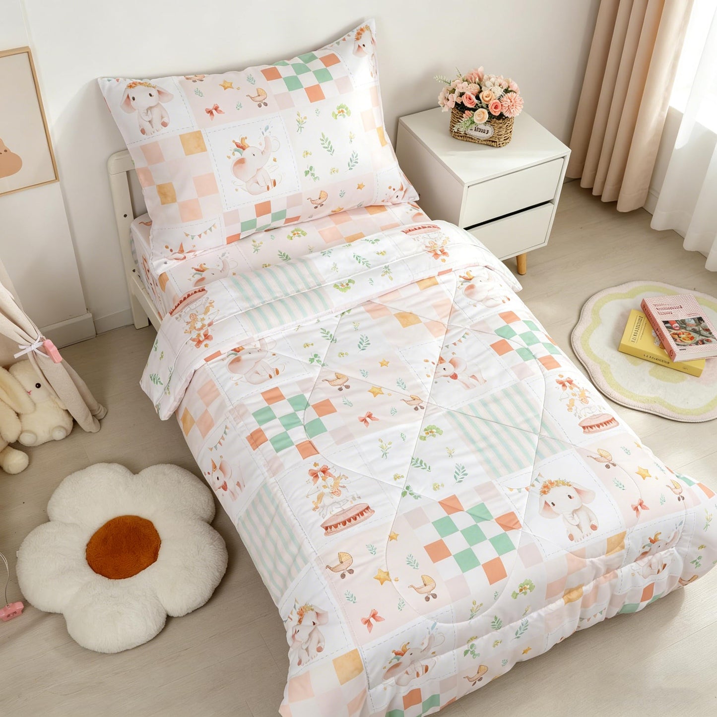 SWESEN Toddler Bedding Set for Girls, Toddler Girls Bedding Set, Soft & Lightweight 4 Piece Toddler Comforter Sets Include Comforter, Flat Sheet, Fitted Sheet, Pillowcase, Elephant