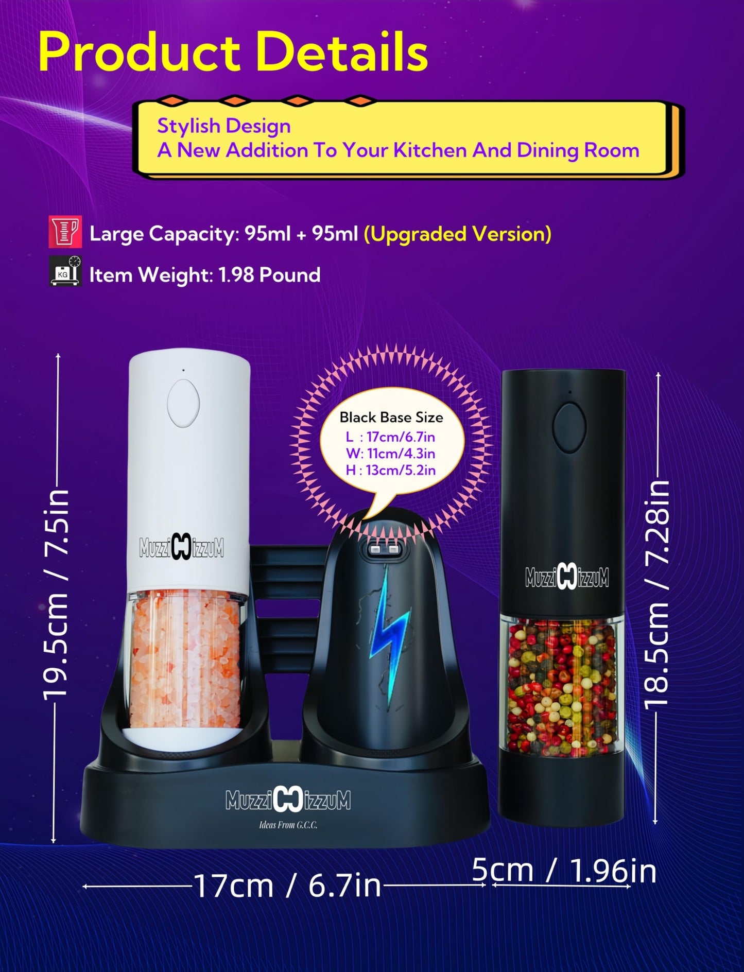 Electric Salt and Pepper Grinder Set with USB Charging Base, Rechargeable, Refillable, Adjustable Coarseness, ABS Automatic Salt & Pepper Mills, One-Hand Operation, 2 Pack 95ml+95ml(Black+White)