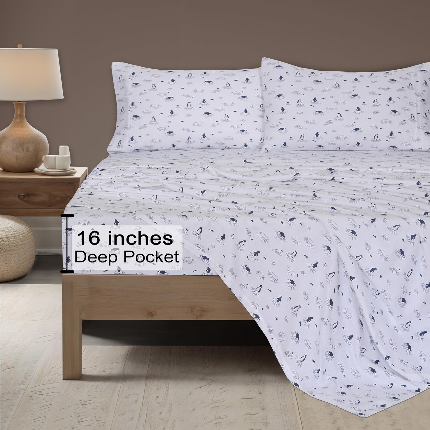 ZOYER Flannel Sheets Twin XL Size - 100% Cotton Double Brushed Twin XL Sheet Sets, Deep Pockets 16 Inches, All Seasons Breathable & Extra Soft Bed Sheets, Warm & Cozy, 3 Piece, Penguin Edge