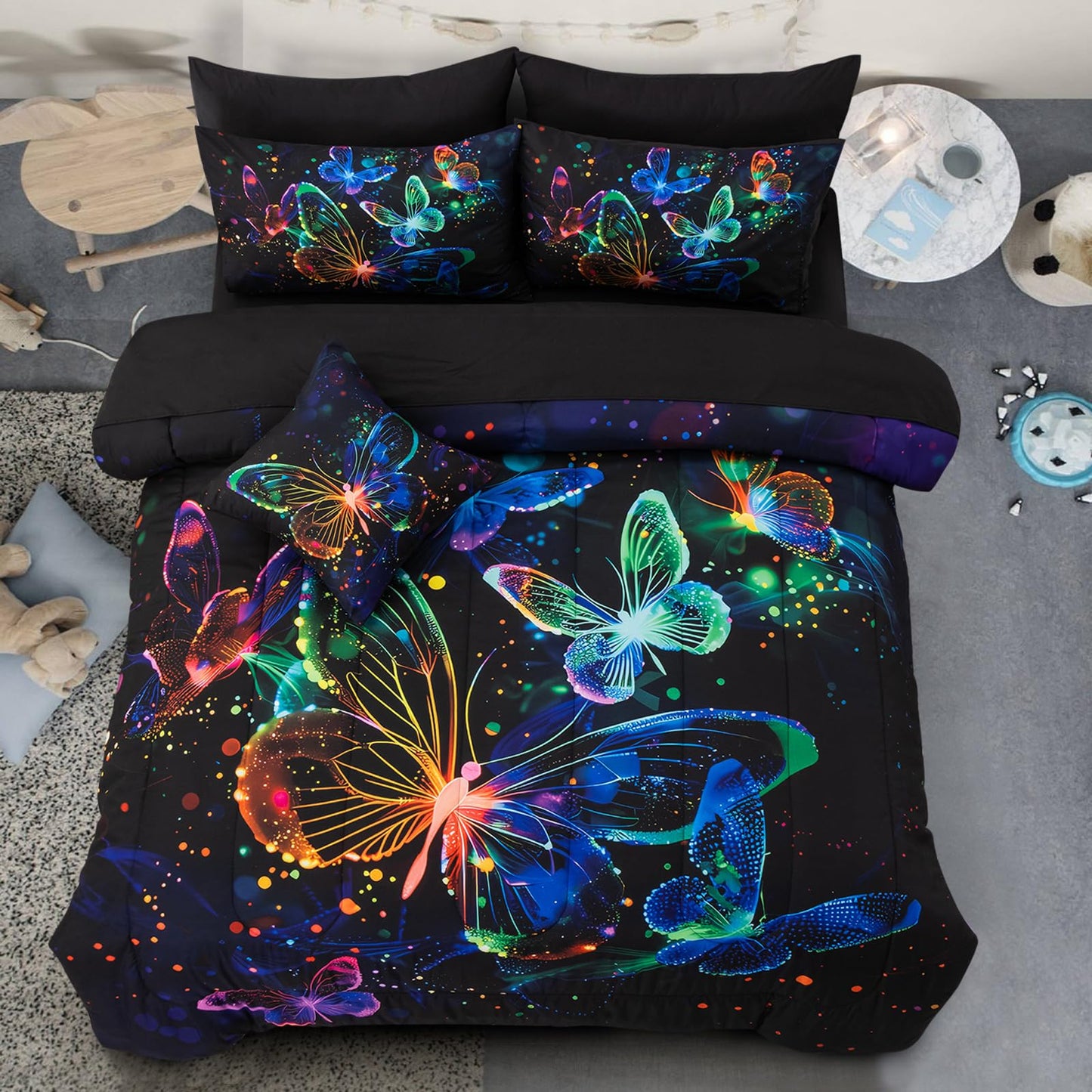 A Nice Night Galaxy Bedding Sets,3D Butterfly Flying in Space Printed,Like Glitter Butterflies 6pcs Bed in a Bag Twin Comforter Set, for Girls Boys Kids Teens