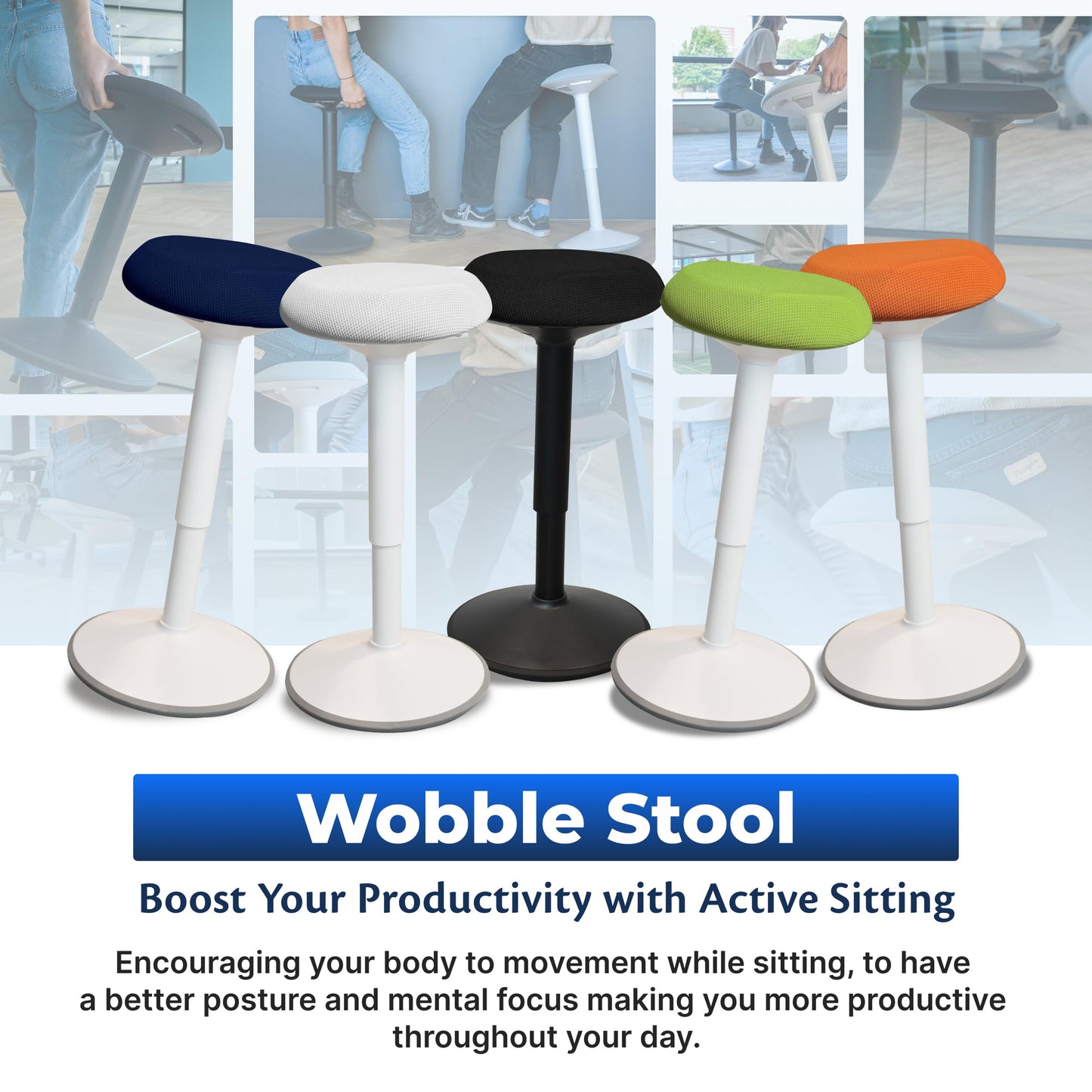 Backerz Standing Desk Stool Chair, Height Adjustable Stool 21-31 inch for Office and Classroom, Swivel Stool, Anti-Slip Bottom Ergonomic Wobble Stool with Rocking Motion, Black