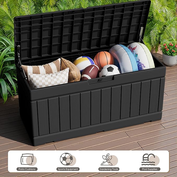 JUMMICO 78 Gallon Outdoor Deck Box Large Resin Storage Box for Patio Furniture Cushions and Garden Tools (Black)