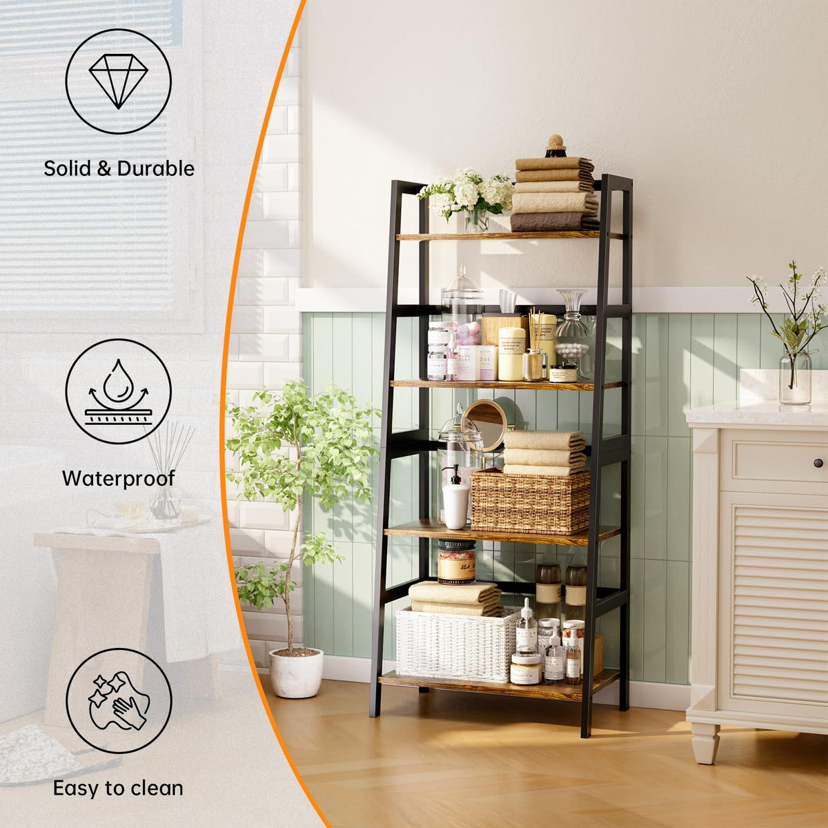 HITNET Ladder Shelf, 4 Tier Bookshelf with Bamboo Frame, Freestanding Bathroom Storage Shelving Unit for Living Room, Home Office, Bedroom, Rustic Brown and Black