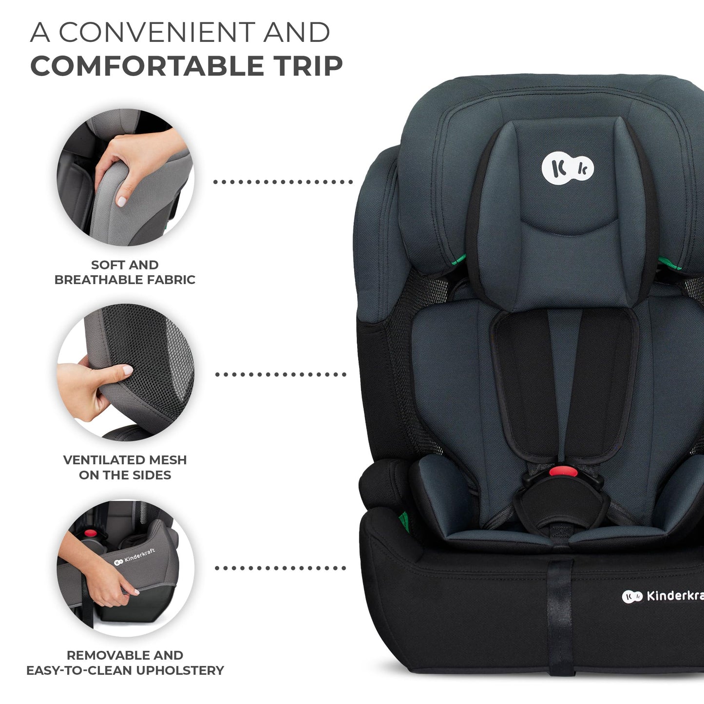 Kinderkraft Car Seat Comfort UP, I-Size Booster Child Seat, with 5 Point Harness, Adjustable Headrest, for Toddlers, Infant, Group 1/2/3, 76-150 cm or less than 18 kg, Black