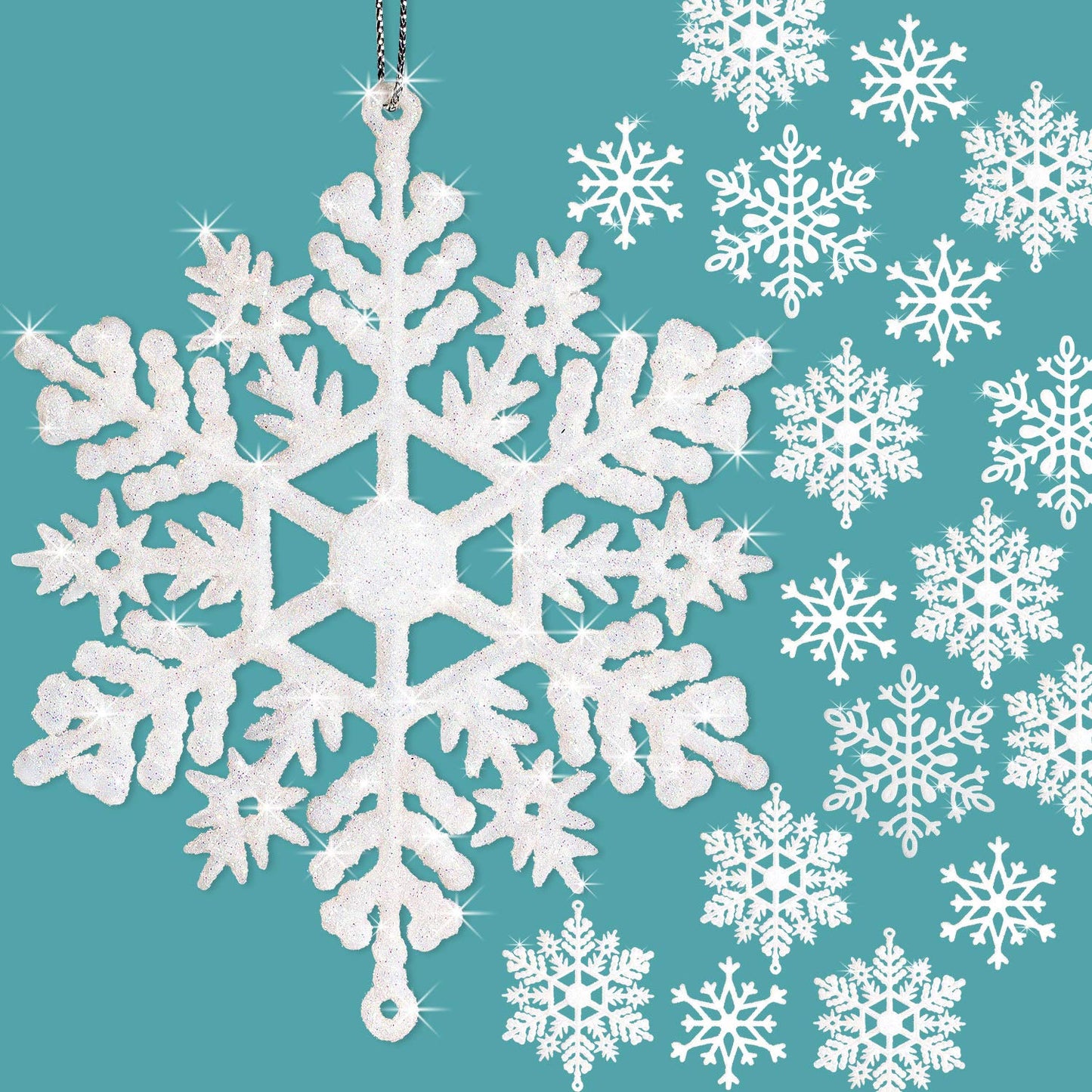 Whaline 40Pcs White Glitter Snowflake Winter Snowflake Ornaments Christmas Hanging Decorations with 197 Inches Silver Rope for Wedding Birthday Home Xmas Tree Window Door Accessories