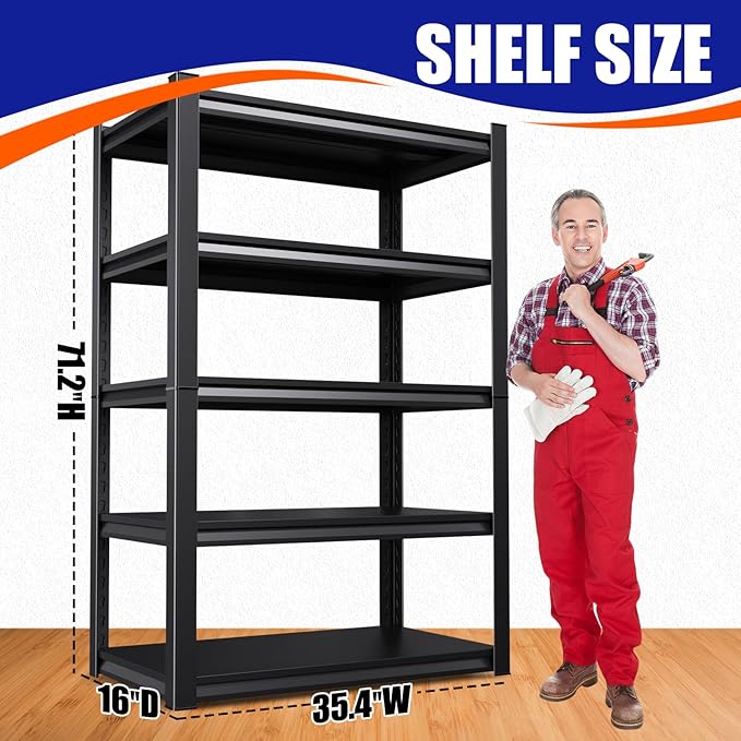71"H-35"W Garage Shelving Heavy Duty Storage Shelves, Metal Adjustable Shelving Unit, Utility Garage Organizer Shelf for Basement, Pantry, Kitchen, Warehouse,15.7"D x 35.4"W x 71.2"H, Black