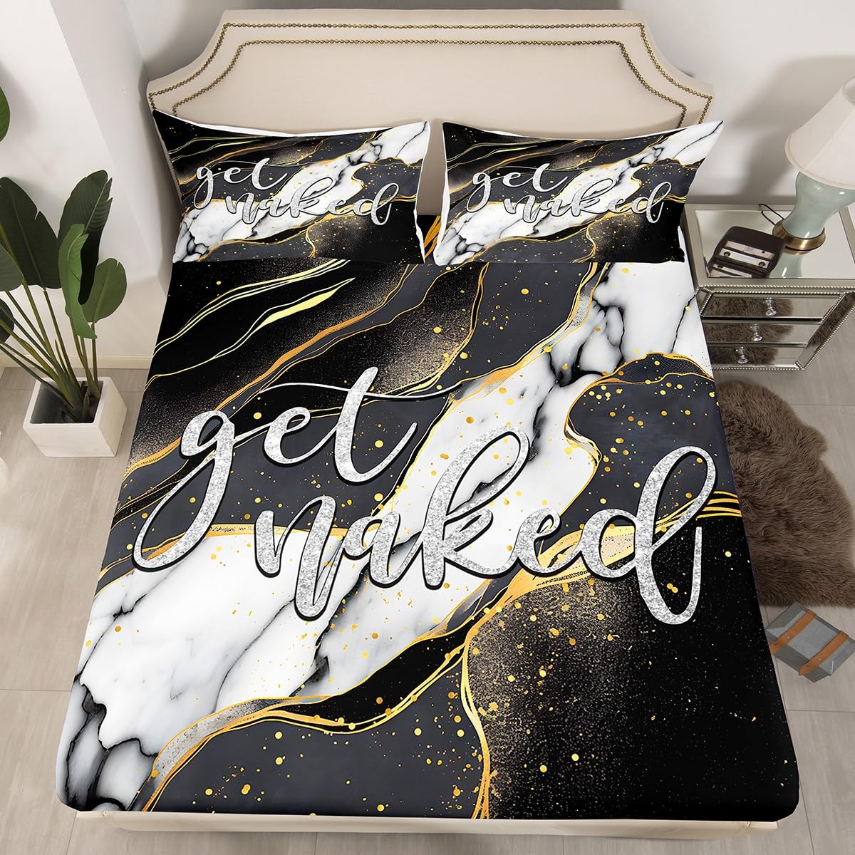 Feelyou Get Naked Bedding Set Kids Marble Bed Sheet Set Grey Black White Gold Fitted Sheet for Boys Girls Women Men Bedroom Decor Funny Quote Simple Modern Lightweight Bedding Sheets Full Size 3Pcs