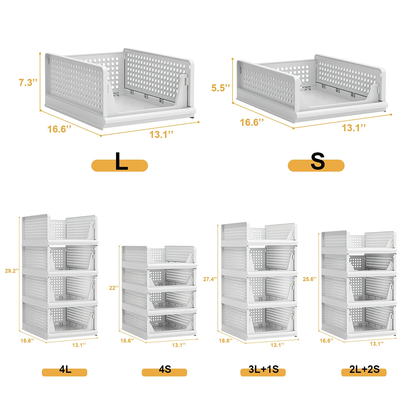 Proarea 4 Pack Stackable Plastic Storage Basket Closet Organizer Bin Foldable Clothes Organizer Storage Drawer Shelf Container for Living Room Bathroom Kitchen Office (2L+2S)
