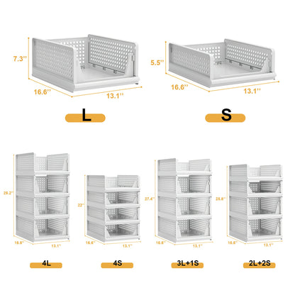 Proarea 4 Pack Stackable Plastic Storage Basket Closet Organizer Bin Foldable Clothes Organizer Storage Drawer Shelf Container for Living Room Bathroom Kitchen Office (2L+2S)