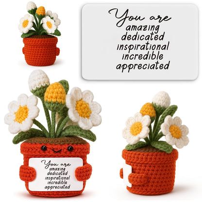 Hweijm Crochet Daisy Gift, Handmade Mini Flower Desk Buddy for Teacher Appreciation, Coworker or Boss Birthday, Inspirational Thank You Present, Positive Office Desk Decor