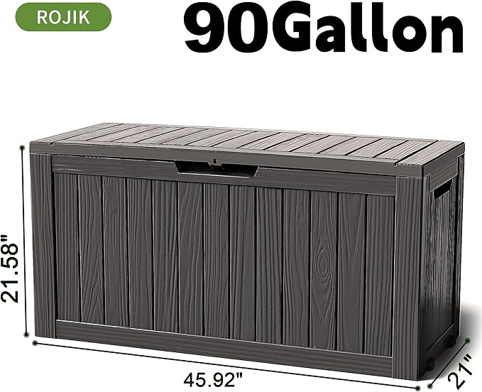ROJIK Outdoor Storage Housing Deck Box - Waterproof Patio Furniture, Garden Tools, Cushions, Pool Accessories Storage Bench with Lockable Lid and Side Handles (Black 90 Gal)