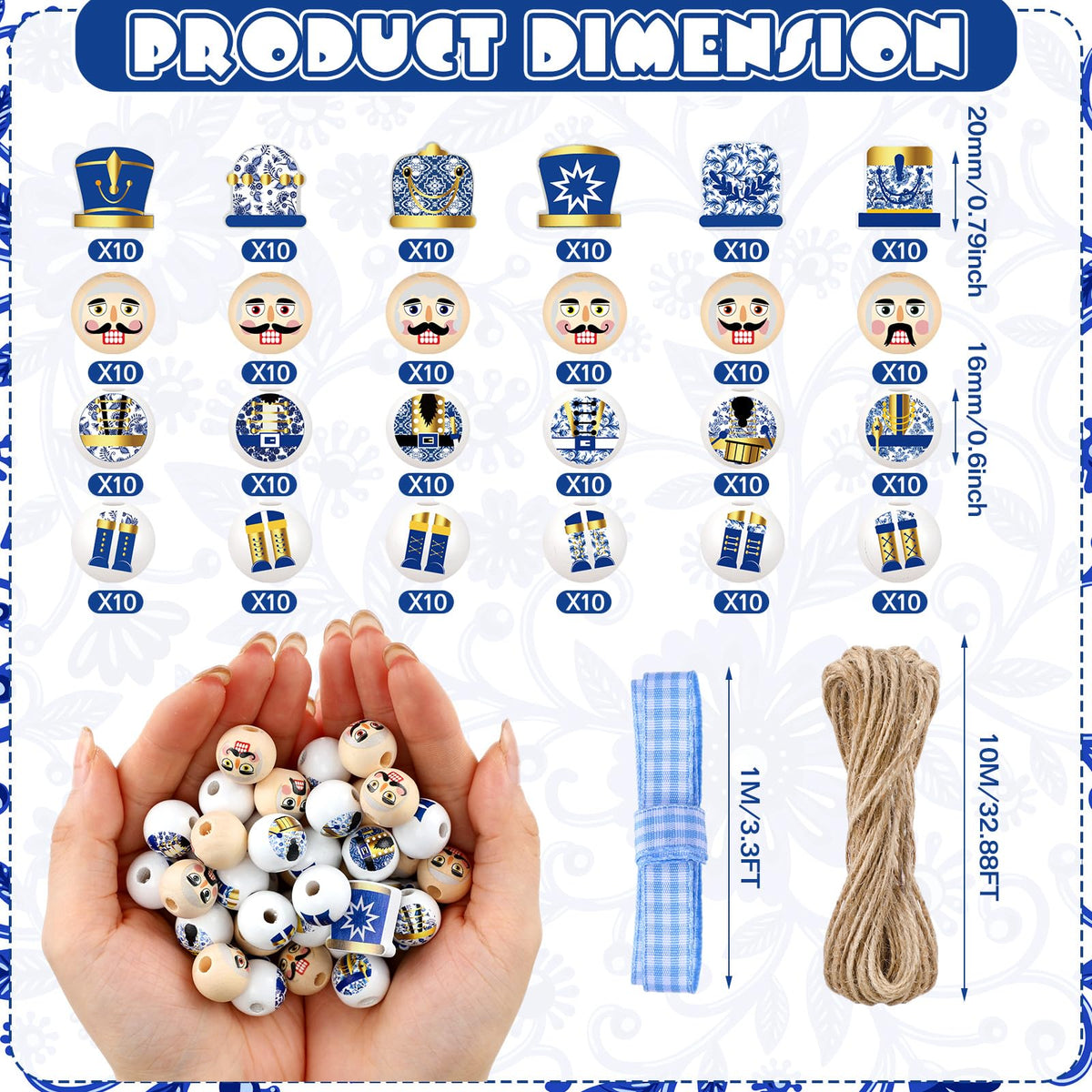 Cinnvoice 240 Pcs Summer Christmas in July Wood Beads with Twine Snowman Gingerbread Man Nutcracker Wooden Bead Garland DIY Crafts Round Beads for Xmas Party Decor(Chinoiserie Nutcracker)
