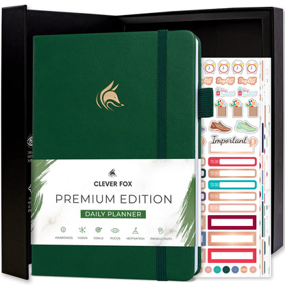 Clever Fox Planner Daily Premium – Undated Daily Planner with Hourly Schedule, Personal Organizer, Productivity Journal, 6 Months (Forest Green)