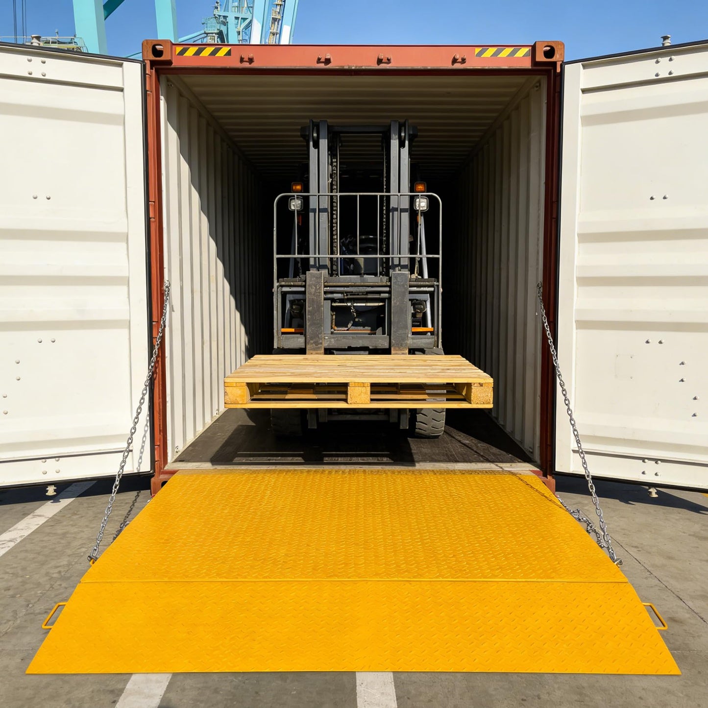Heavy Duty Shipping Container Ramp 16,000 lbs Capacity, Forklift Compatible Steel Loading Ramp with Fold-Down Loop Flips, Safety Chain & Pin, Spray Paint Coated for Warehouse Dock Truck
