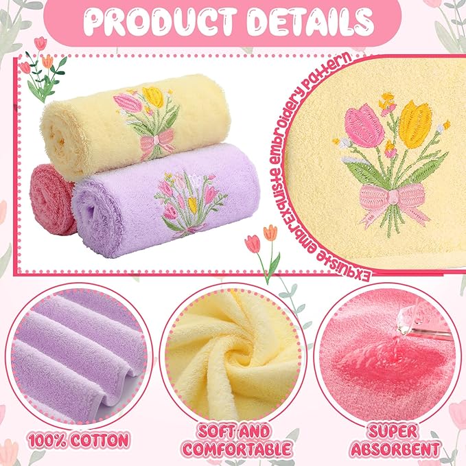 3 Pcs Tulips Bouquet Hand Towels Spring Pink Tulips Flower Bath Towels 14 x 29