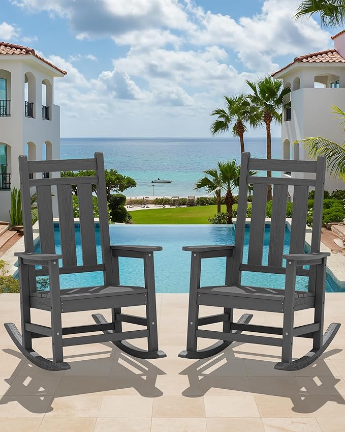 KINGYES Oversized Outdoor Rocking Chair, All-Weather Patio Rocking Chairs for Porch, HDPE Outdoor Patio Rockers with High Back & Wide Seat for Garden, Lawn, Gray