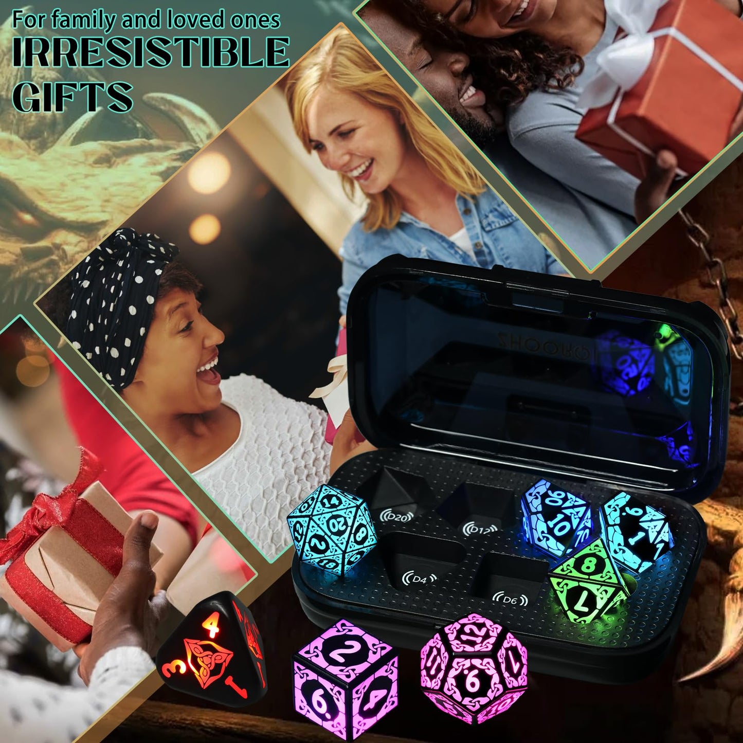 LED Dice with Charging Box，7 PCS RGB Light up Dice for Dungeons and Dragons, Polyhedral DND Dice Set for Tabletop Games Gifts（KS-RGB）