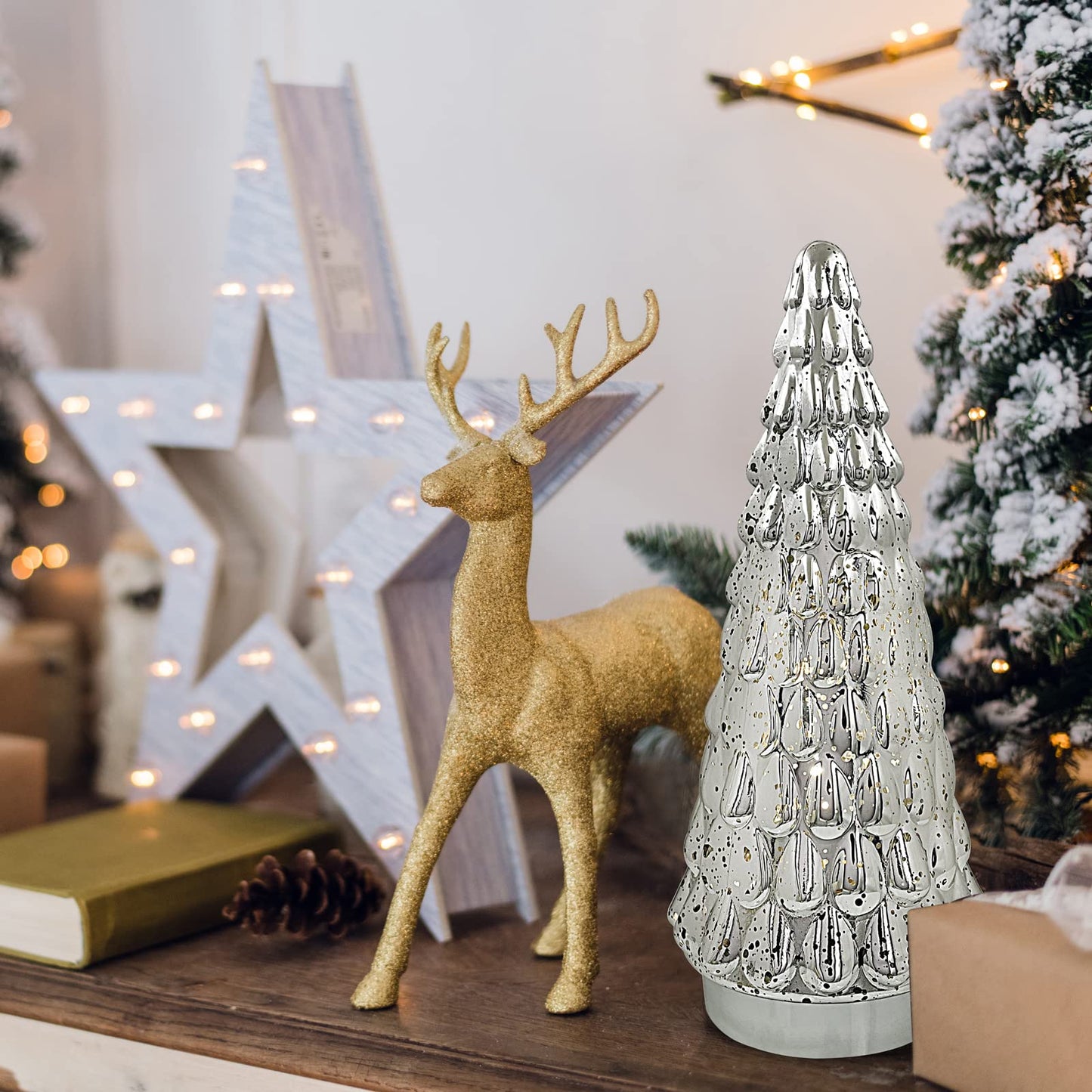 SHMILMH Silver Mercury Glass Christmas Tree, Small Tabletop Christmas Tree with Light, Battery Operated Mini Xmas Tree for Fireplace Bathroom Decor 10", Set of 2
