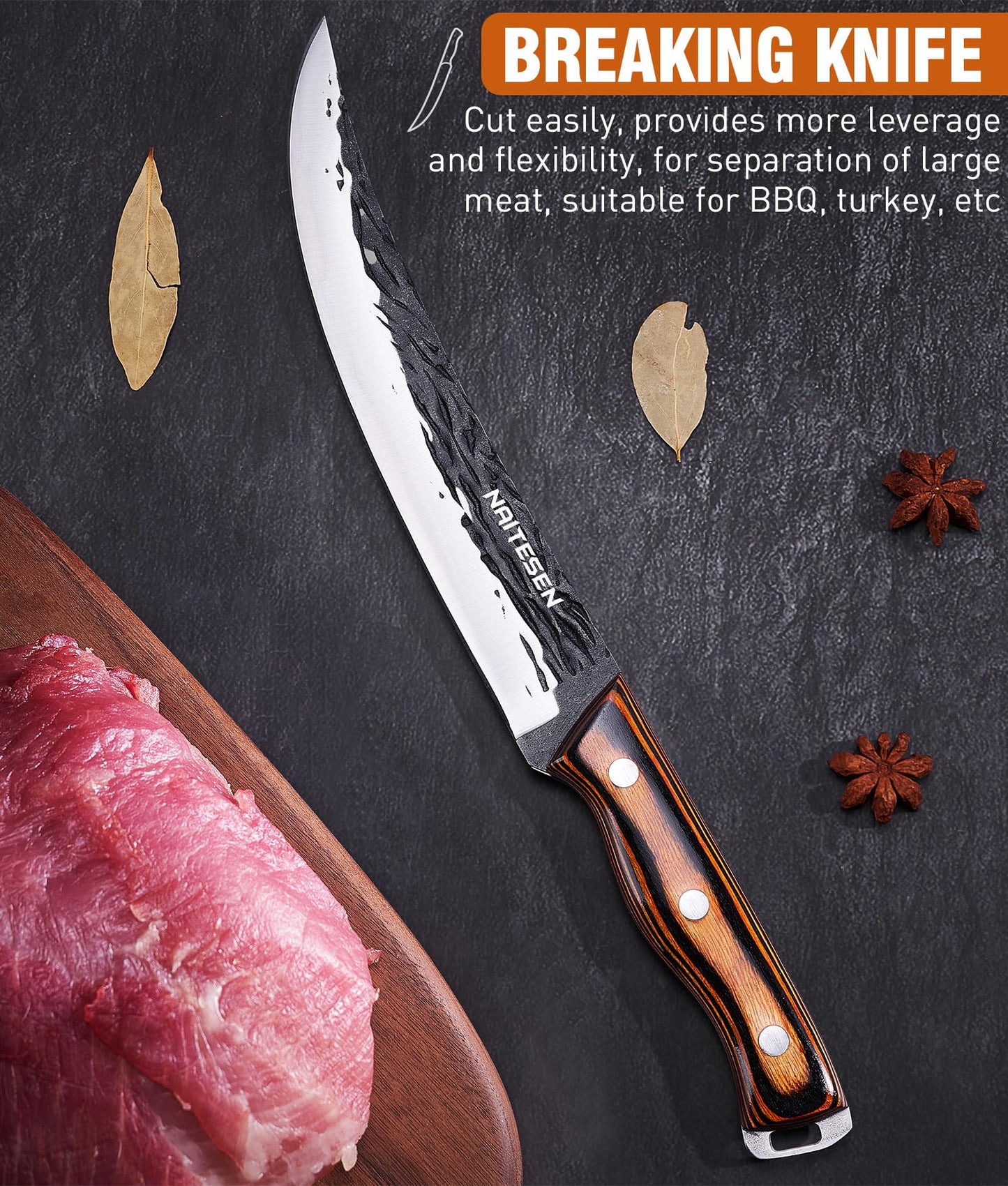 Naitesen 4PCS Hand Forged Butcher Knife and Kitchen Knife 2 in 1 Set, Heavy Duty Meat Cleaver Serbian Chef Knife Breaking Knife Boning Knife for Meat Cutting BBQ Gifts for Men Women