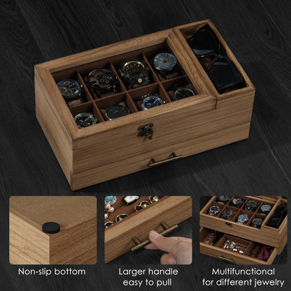 GALHUBIS Watch Box with Tray, 2-Tier Watch Case for Large Dial Watches, 8-Slot Watch Display Case with Lid, Removable Watch Pillows, Drawer, Gifts for Men Women, Watch Organizer, Jewelry Box, Walnut