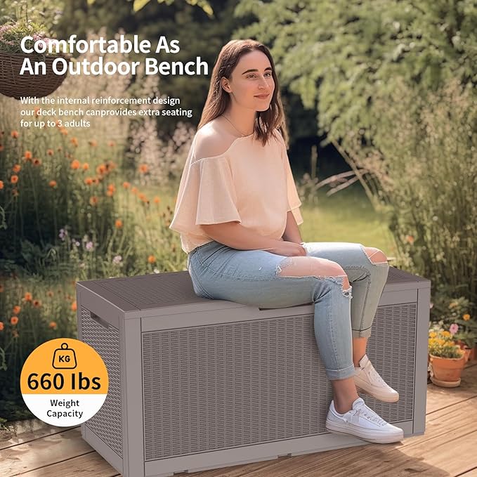 DRATO 100 Gallon Large Deck Box, Outdoor Storage Box for Patio Furniture, Patio Cushions, Gardening Tools, Pool Supplies,660lbs Weight Capacity,Waterproof Resin Storage Boxes（Gray，100 Gallon）