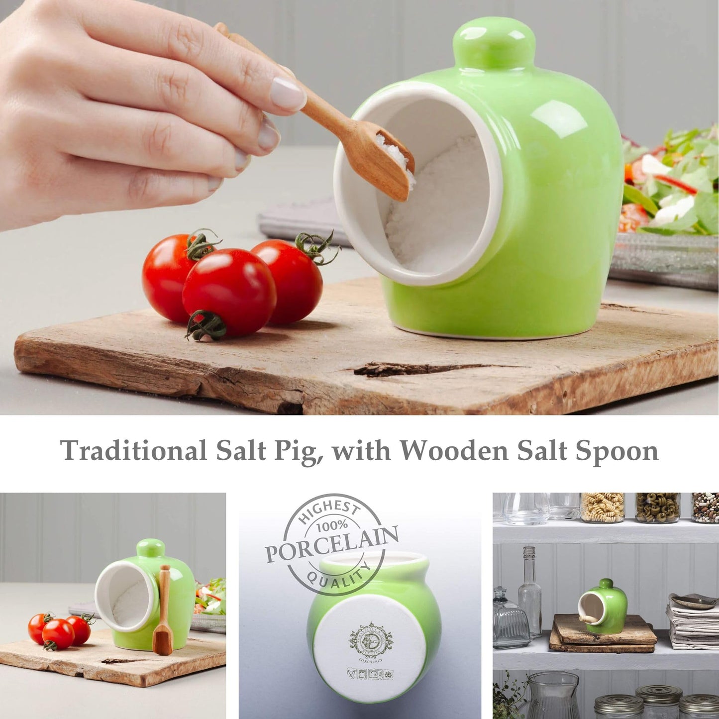 WM Bartleet & Sons 1750 T345G Traditional Porcelain Small Pig with Wooden Salt Serving Spoon-Green