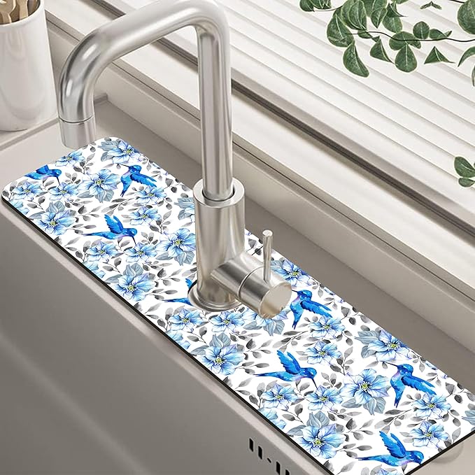 Kitchen Sink Splash Guard Faucet Mat Blue Floral and Hummingbird Absorbent Fast