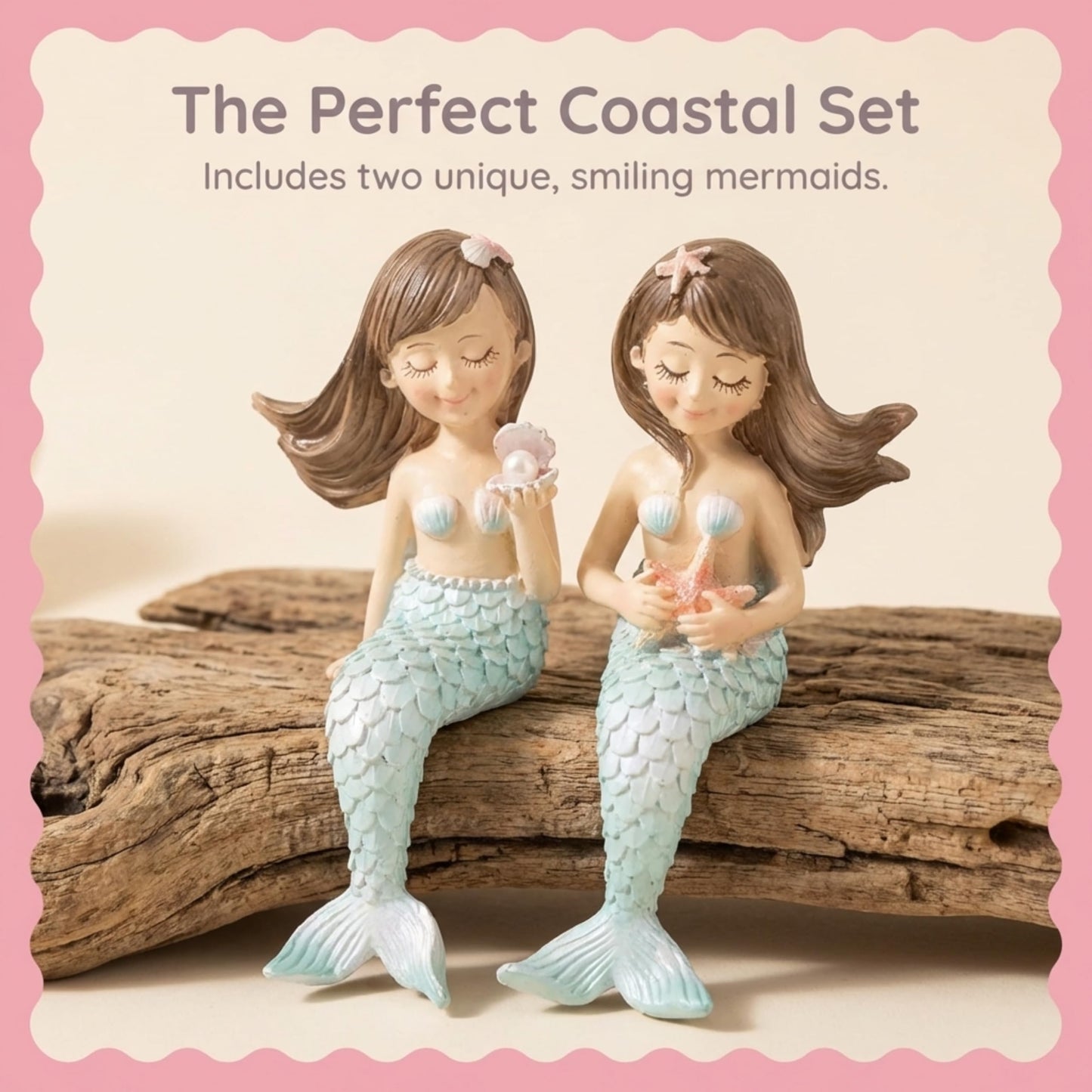 The Bridge Collection Set of 2 Mermaid Shelf Sitters – Cute Coastal Mermaid Figurines Designed for Shelf and Counter Edges – Adorable Nautical Beach House Decor