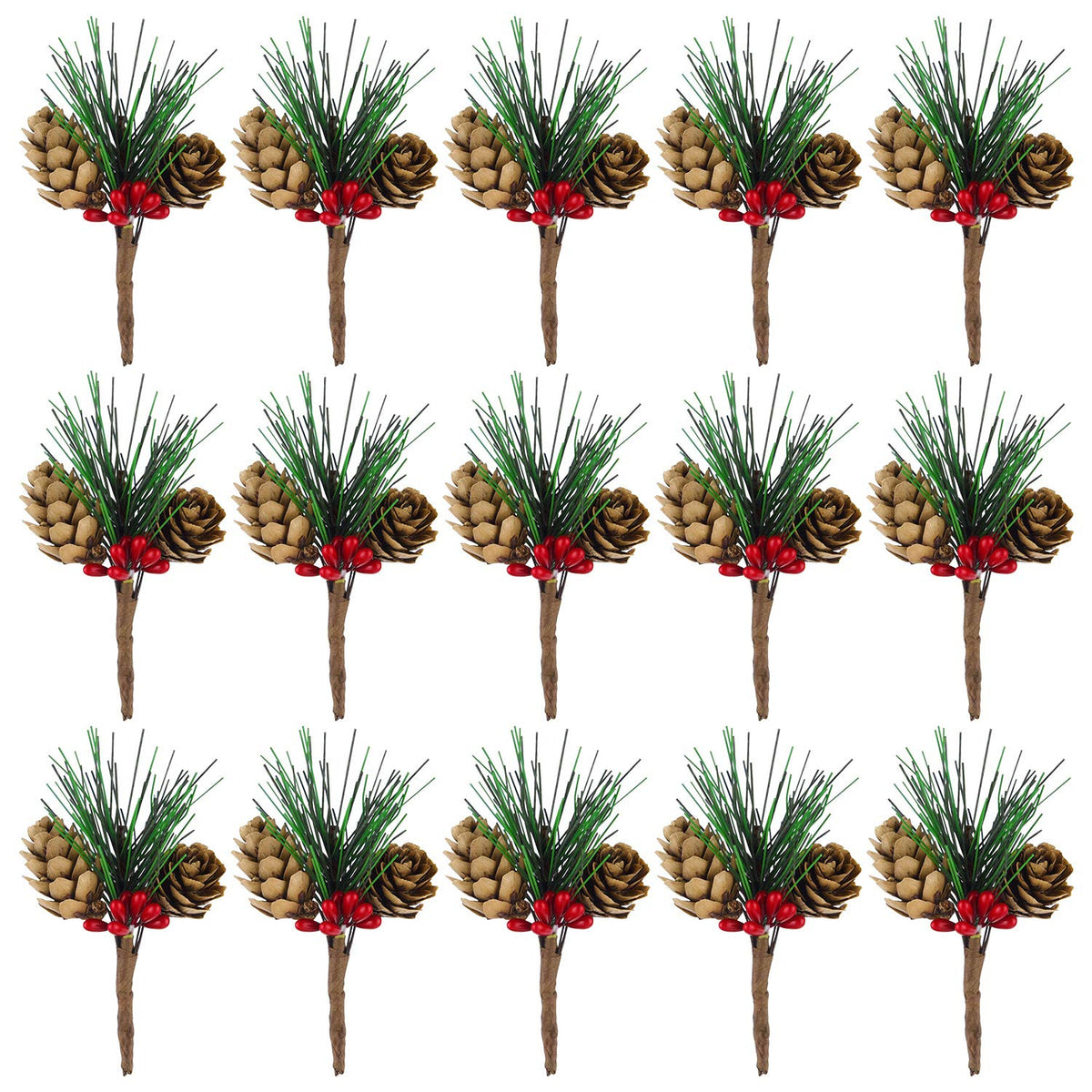 CHRORINE 15 Pcs Artificial Pine Cone Picks and Red Berry Mini Artificial Pine Tree for Christmas Party Flower Wreaths and Holiday Decorations