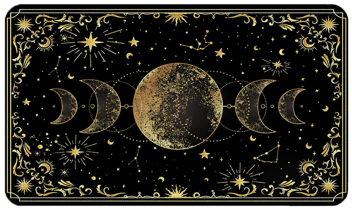 WARDOS Mystical Gold Boho Triple Moon Door Mat, Witchy Celestial Sun and Moon Astrology Doormats for Front Door Outdoor Indoor Entrance Entryway, Witch Stars Aesthetic Area Rug Bath Mats, 17x30 Inch