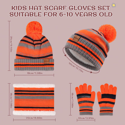 Kids Winter Hat Gloves Scarf Set: Girls Boys Children Beanie Gloves Neck Warmer Knit Set with Thick Warm Fleece Lined For 6-10 Years Old - Orange