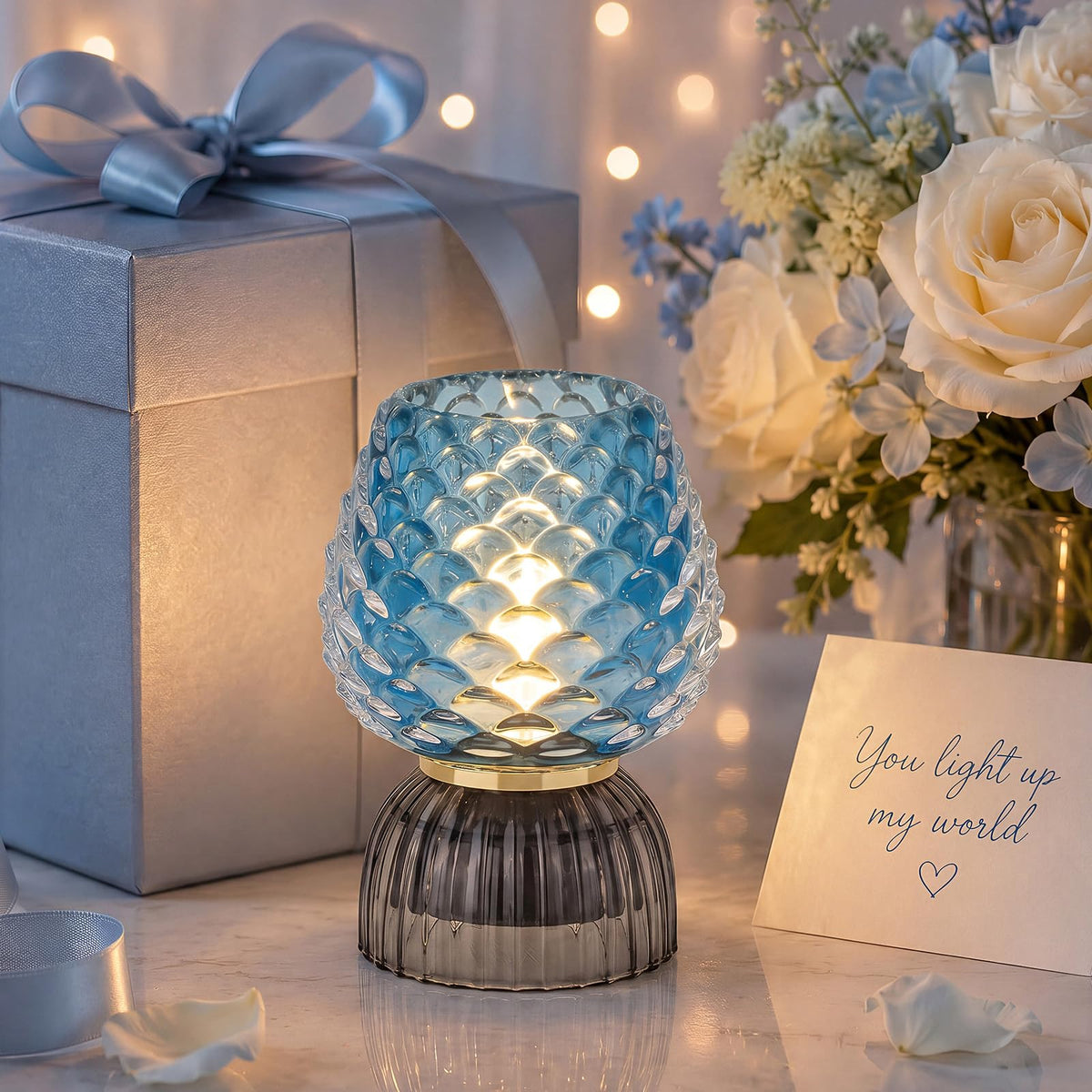 SisiHokai Battery Operated Lamp with Timer, Cute Small Cordless Glass Table Lamp for Home Decor, Kitchen, Bathroom, Birthday Gift for Women, Pinecone, Blue