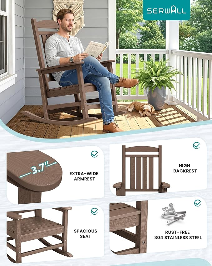 SERWALL HDPE Outdoor Rocking Chair Set of 2, Patio Rocking Chairs, All-Weather Porch Rockers for Adults, Brown