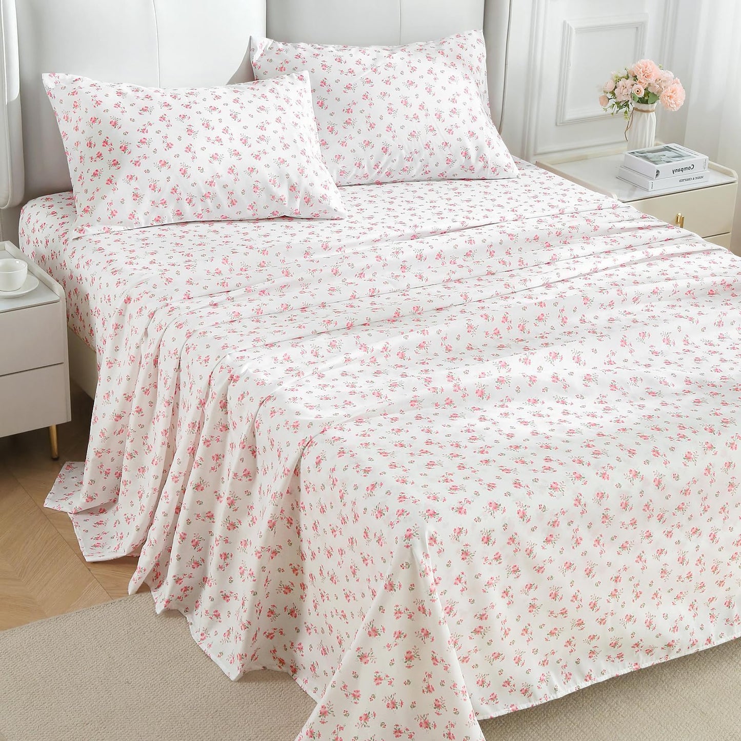MUXHOMO King Size 4 Piece Sheet Set, Soft Breathable Bed Sheet Set for Bedroom with Deep Pocket Up to 16", Wrinkle-Free & Cooling Bedding for Oeko-TEX Certified - Blossoms Pink