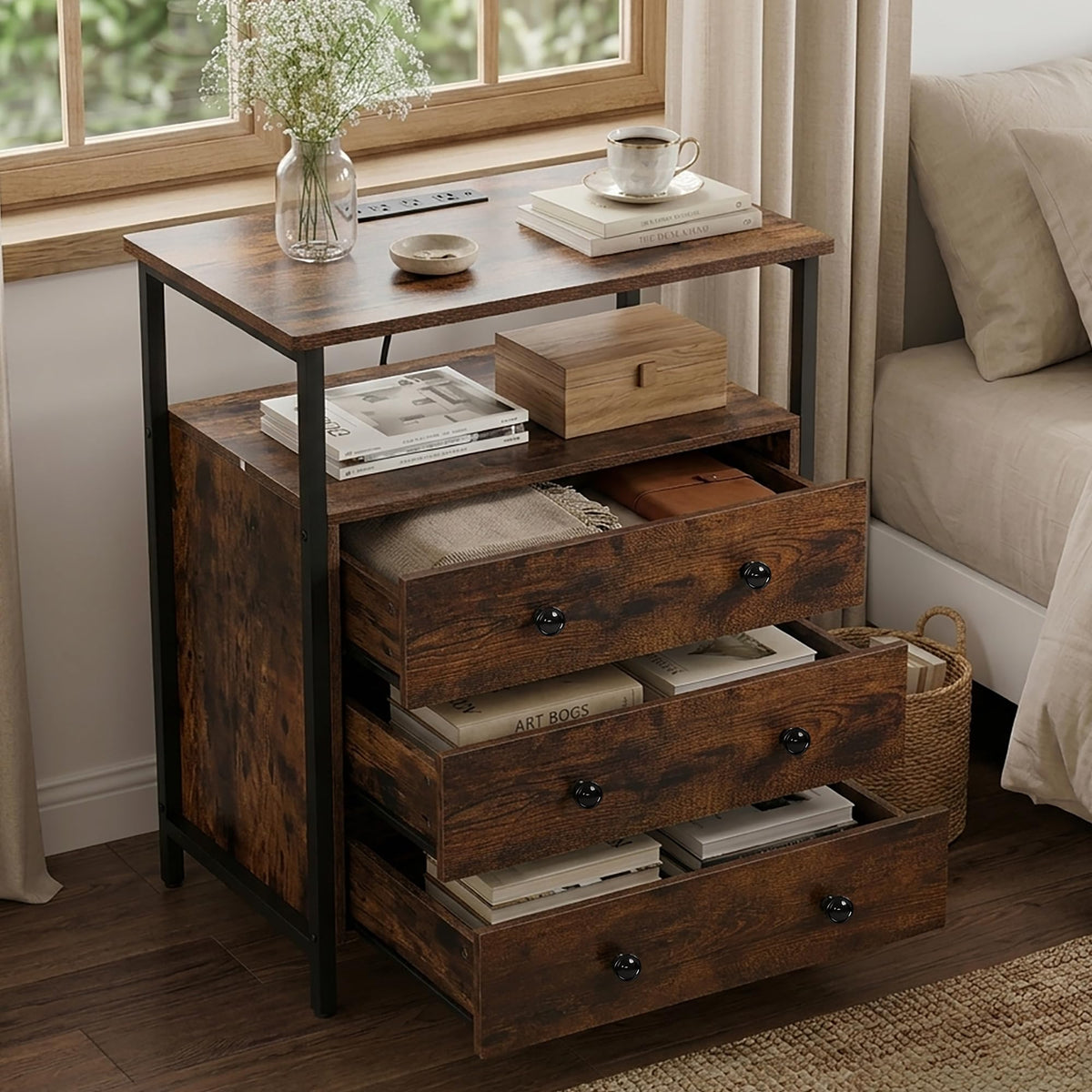 Edbuosy 3 Wooden Drawers Night Stand, 27 Inch Wide Nightstand with Charging Station and Adjustable Drawers, Small Dresser for Closet, Bedside Table for Living Room/Bedroom/Office, Retro Brown