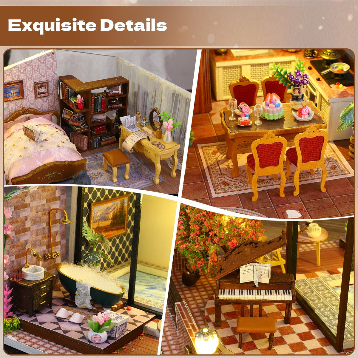 Hallisun DIY Miniature House Building Kits, Romantik Villa and Siti Mocha House 3D Wooden Dollhouse Toys, Birthday Festival Gift for Teens Adults with Dustproof Covers