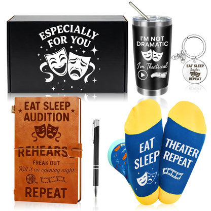 5 Pcs Theater Gifts Set - 20oz Tumblers, Leather Notebook, Pen, Socks, Keychain,Musical Actor Broadway Ideal for Theater Lovers, Drama Students, Performers, Directors,Gifts for Graduation, Birthday