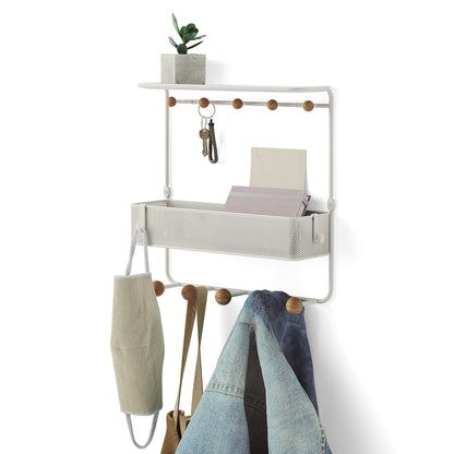 Umbra Estique Entryway Organizer Storage Solution with Cubby Bin, Shelf and Hooks for Keys, Mail, Glasses, Wallet, Purse, Hat, and More, White