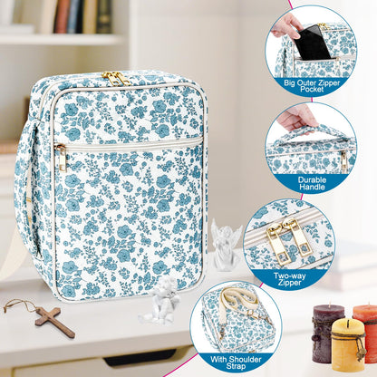 SelfTek Bible Cover Case for Women - Large Quilted Bible Cases for Woman Organizer with Handle & Shoulder Strap, Bible Study Supplies Accessories Christian Gifts (Blue)
