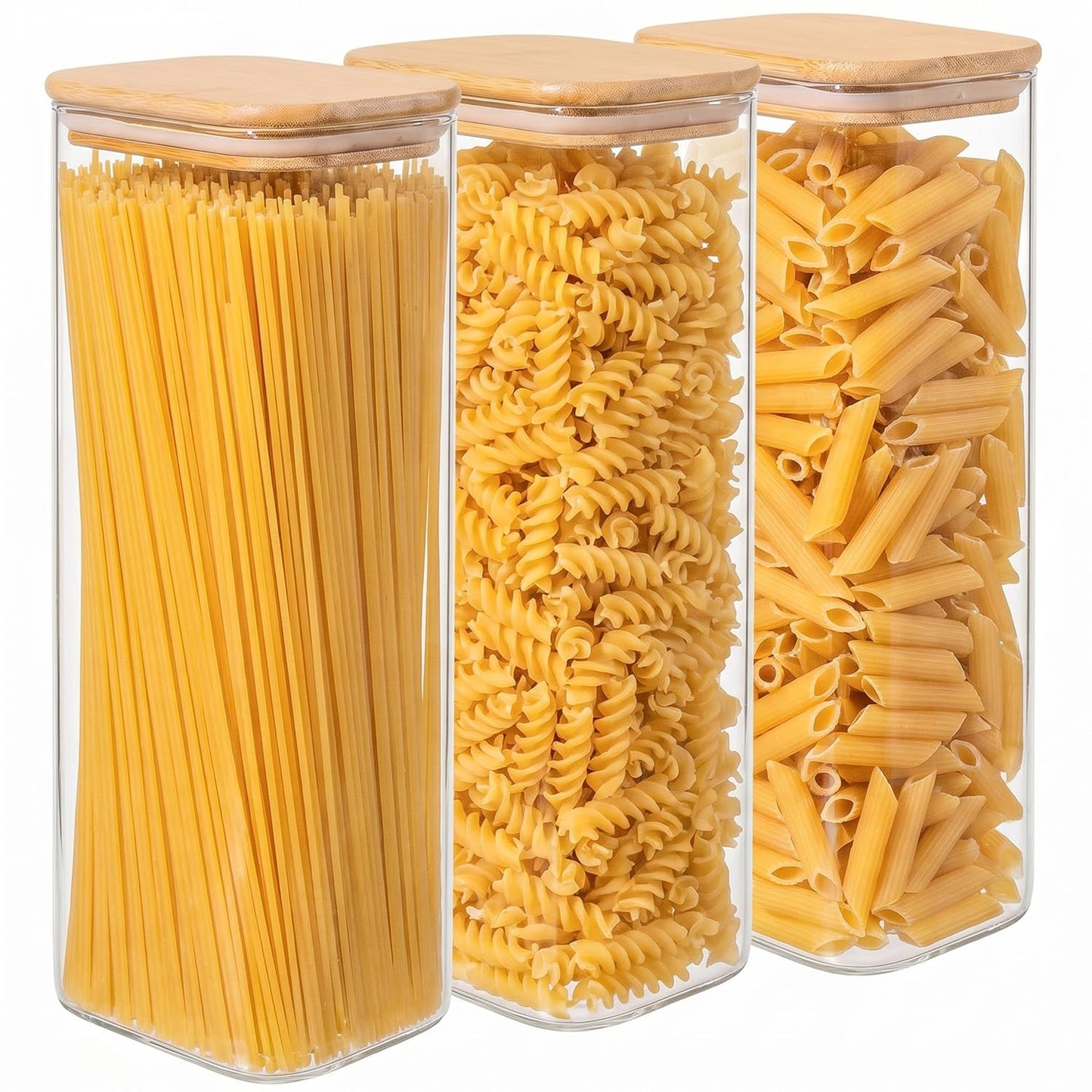 Xoniwis 3-Pack 2.2Qt Rectangle Glass Spaghetti Jars with Bamboo Lids