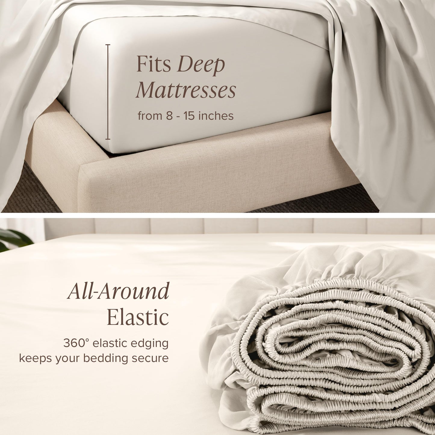 Bare Home 100% Organic Cotton Sateen Fitted Sheet - 400 Thread Count - Smooth Sateen Weave - Breathable & Cooling - Hotel Luxury - Durable Fitted Sheet - Deep Pocket (King, French Beige)