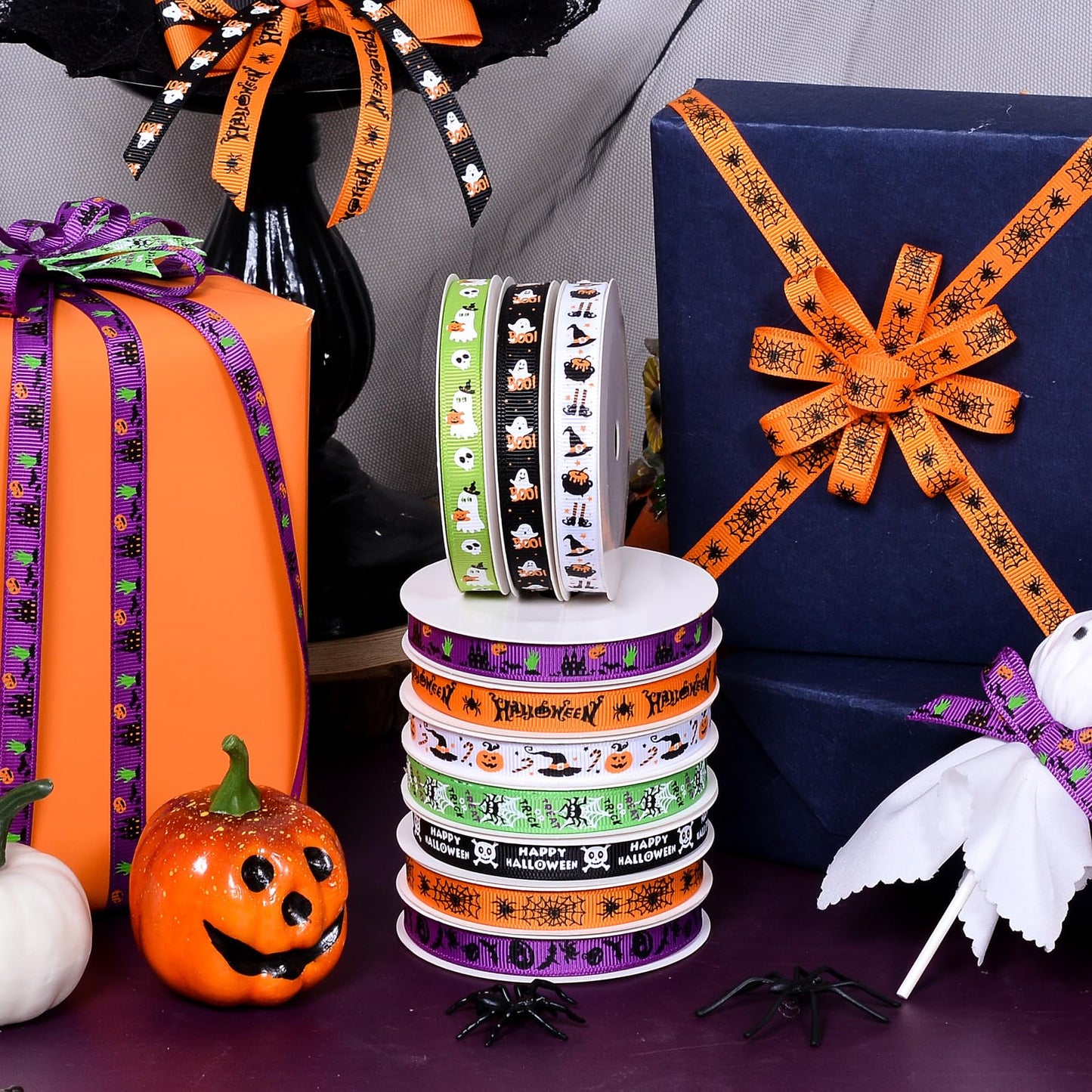 Ribest Halloween Ribbon Grosgrain 3/8 Inch Thin Ribbons for Crafts Gift Wrapping Decor 12 Rolls Total 60 Yards