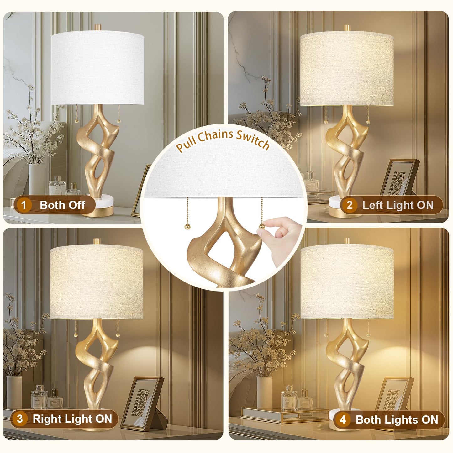 Scenekoy Sculptural Table Lamp Set of 2 with USB Ports for Bedroom Living Room, 26” Gold Leaf Marble Base Bedside Lamps, Pull Chains Switch Modern Nightstand Lamp for Home Room Decor (Bulbs Included)