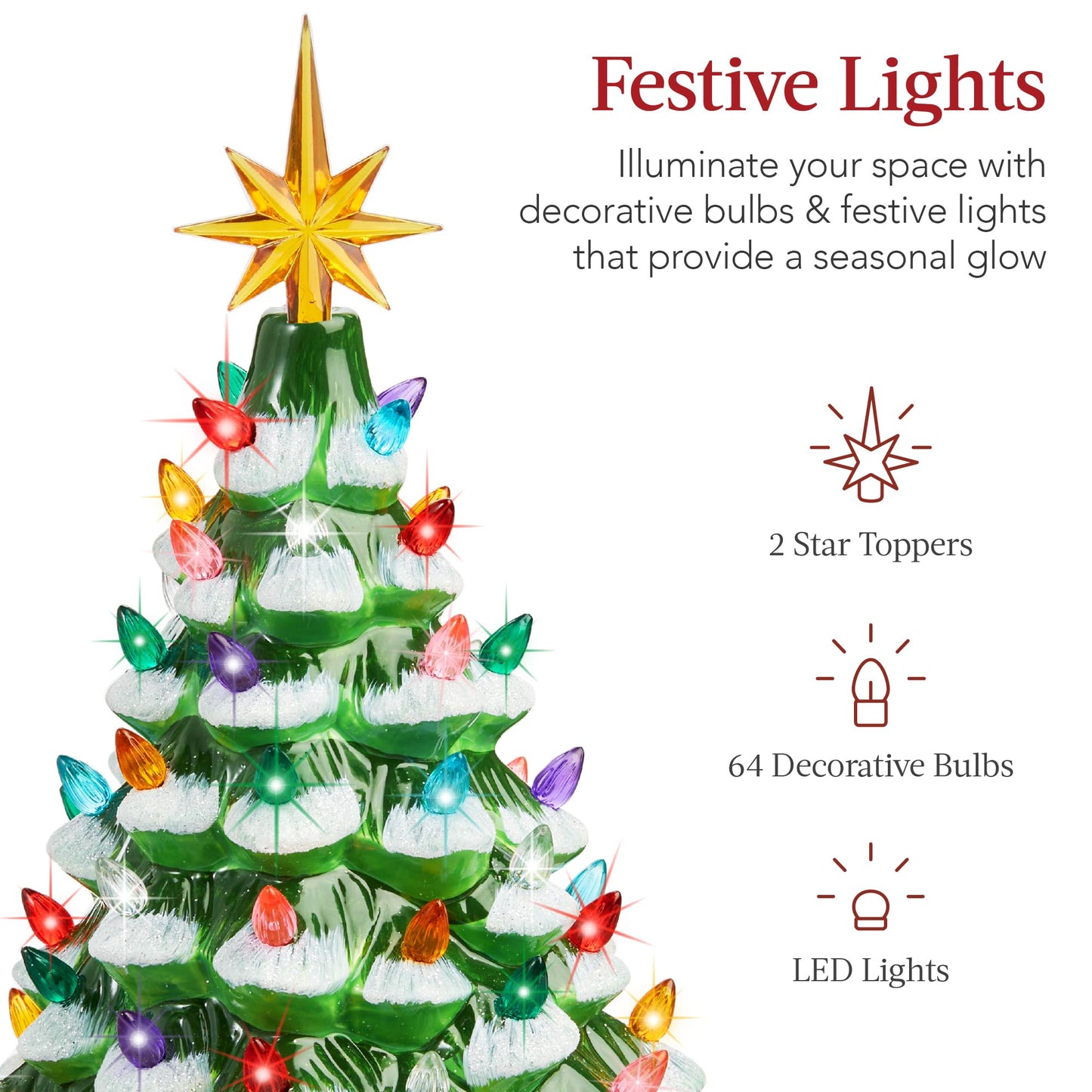 Best Choice Products 15in Ceramic Christmas Tree, Pre-lit Hand-Painted Tabletop Holiday Tree, 2 Star Toppers, 64 Lights - Flocked w/Multicolored Bulbs