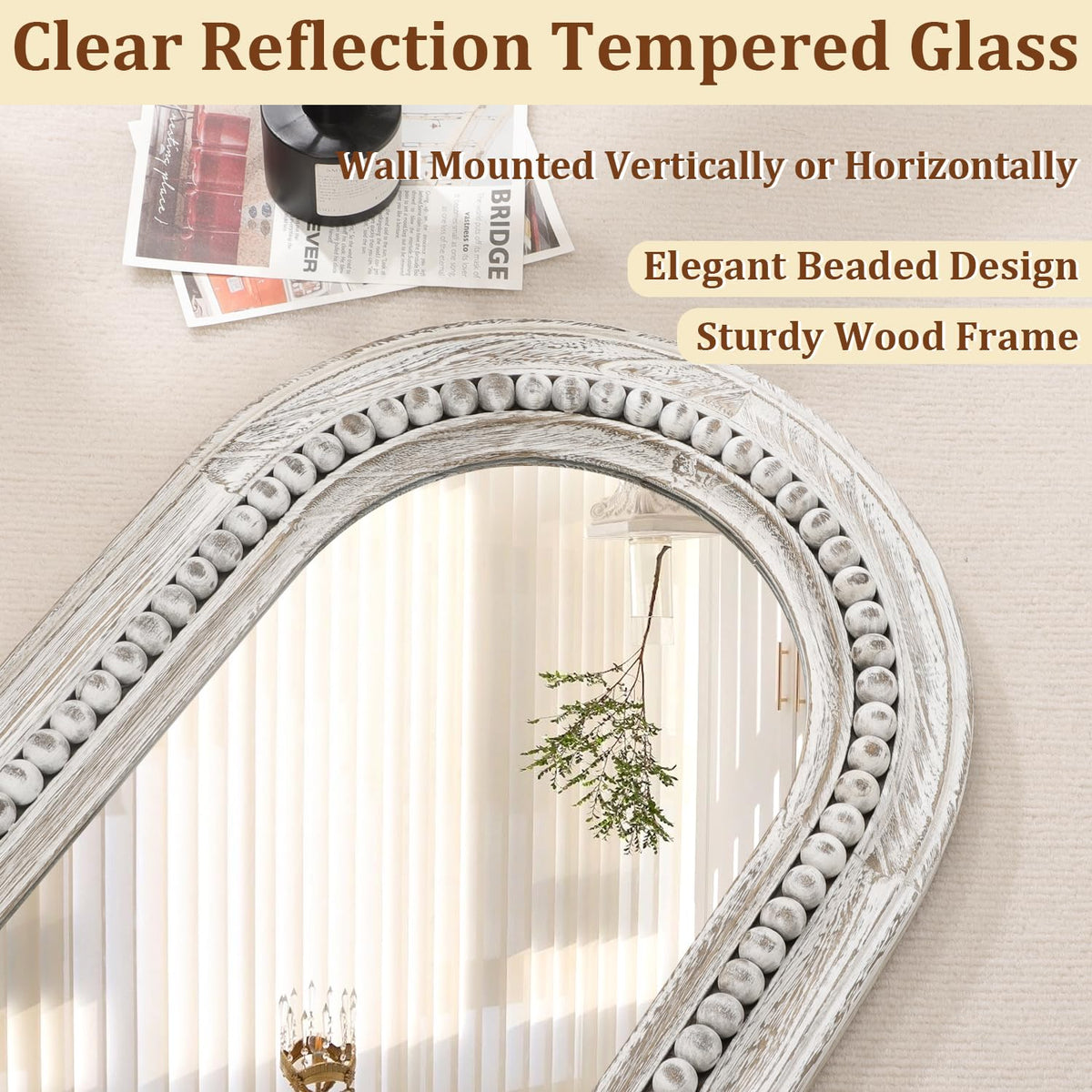 MWAZZLL Wall Mirror Full Length with Beaded Framed Oval Rustic Wood Mirrors Decrorative Large 47"x16" for Bedroom Bathroom Living Room Entryway Dressing Room White