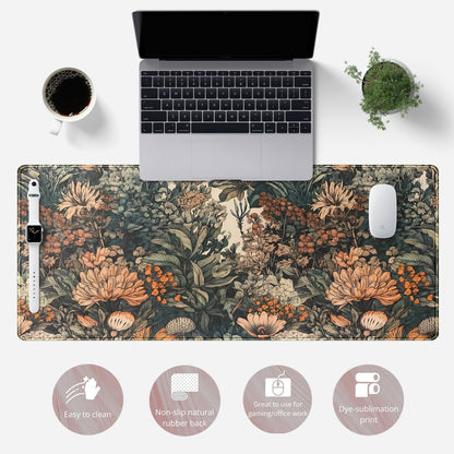 Flower Vintage Desk Pad Aesthetic Desk Mat Flower Mouse Pad Computer Big Mousepad Non-Slip Base Gaming Keyboard Giant Mouse Pad Computer Mat for Laptop Office with Stitched Eges 31.5x11.8 in