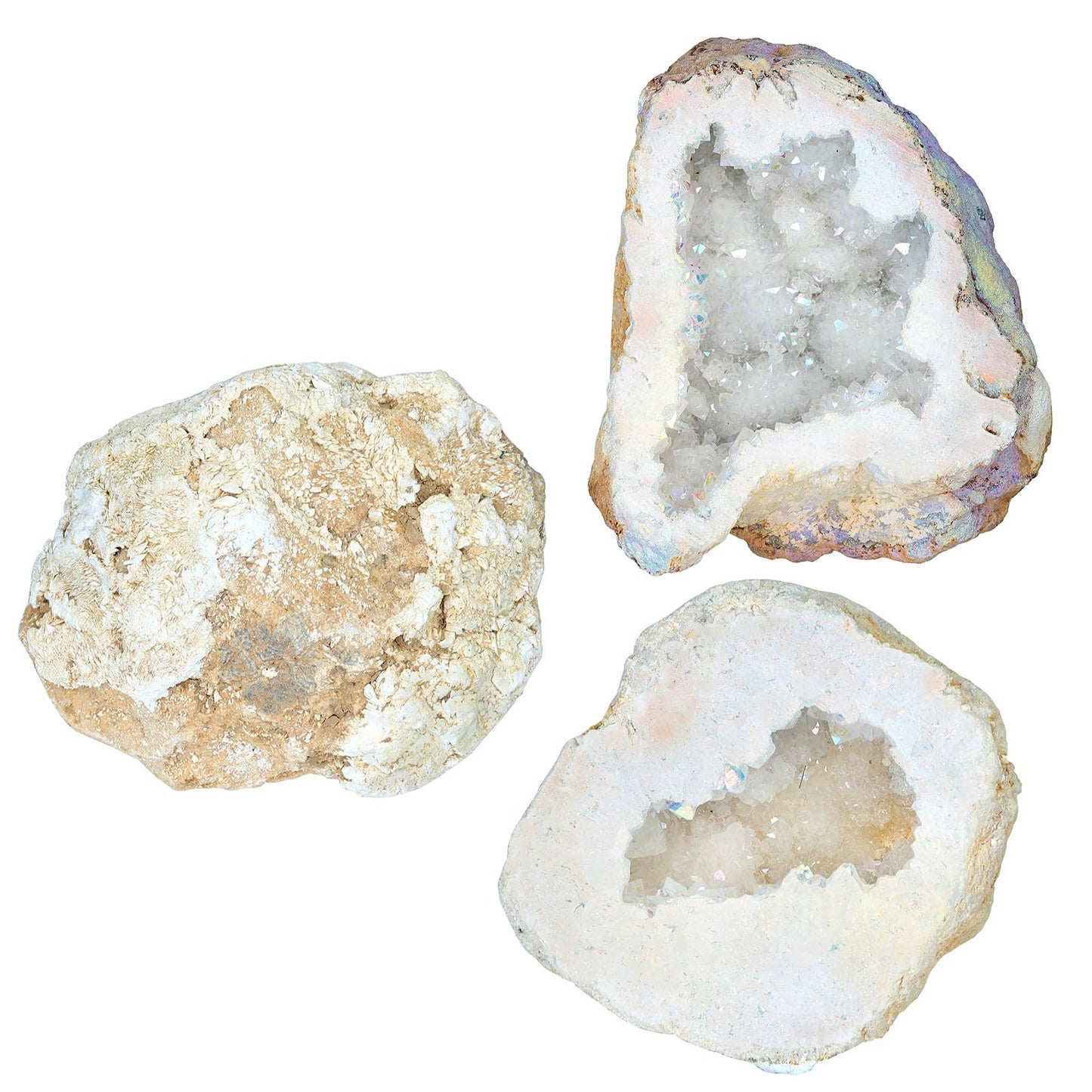 moonsix Titanium Coated White Crystal Druzy Geode for Home Office Decor, Irregular Raw Rock Quartz Stones Specimen for Healing, Medium
