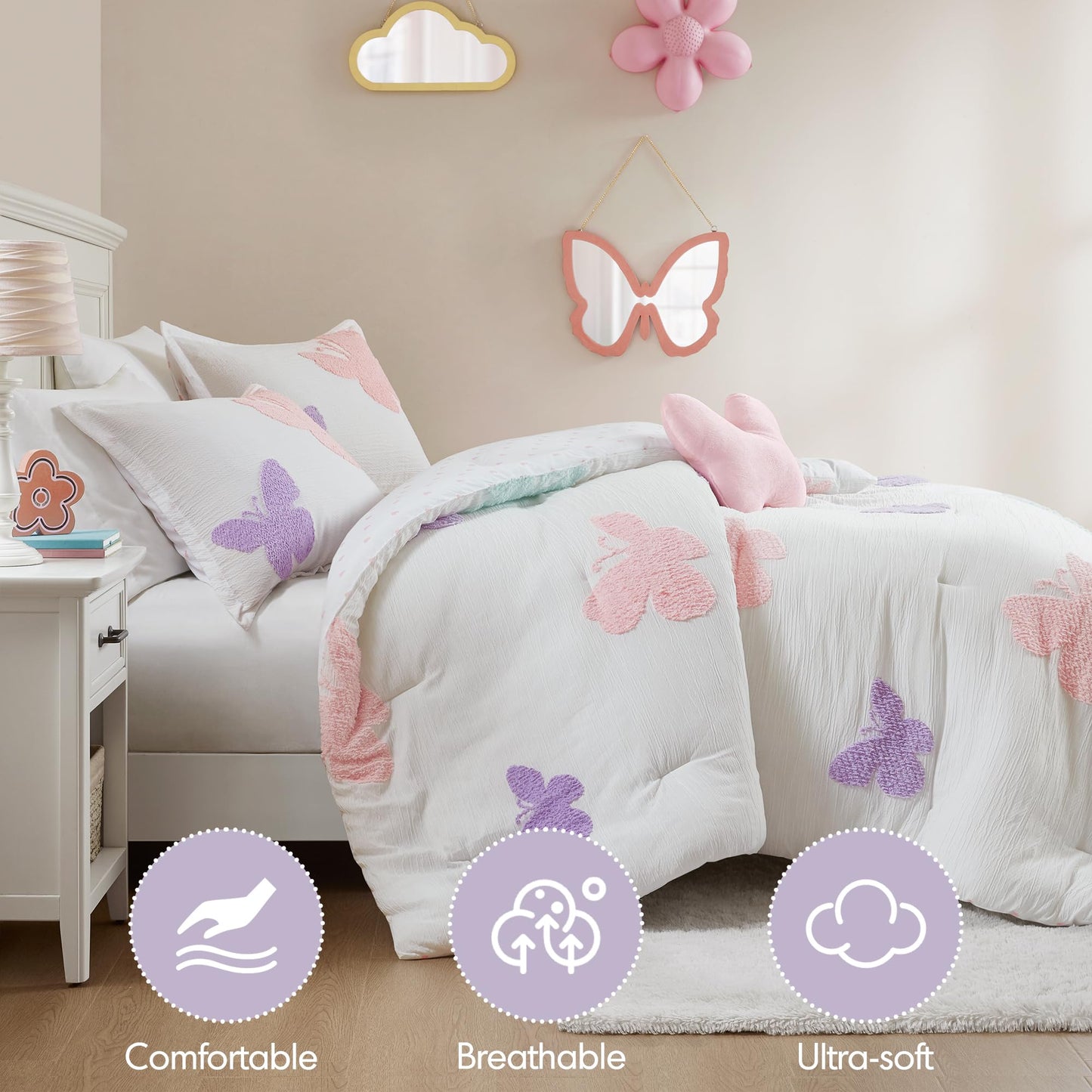 Intelligent Design Kids Rio Full/Queen Comforter Set – Girls’ Reversible Tufted Chenille Bedding with Pastel Purple Butterflies and Pink Dot, 4pcs