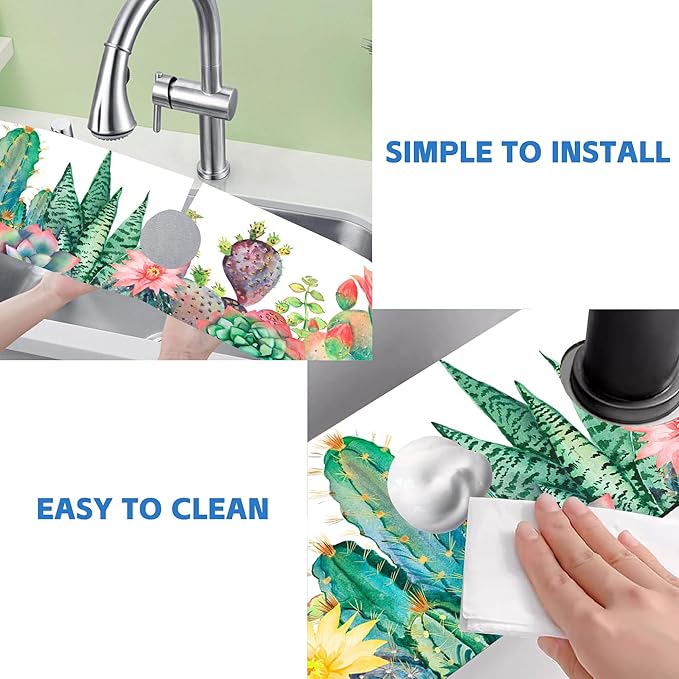 Watercolor Cactus Floral Sink Faucet Absorbing Mat Sink Splash Guard Faucet Mat